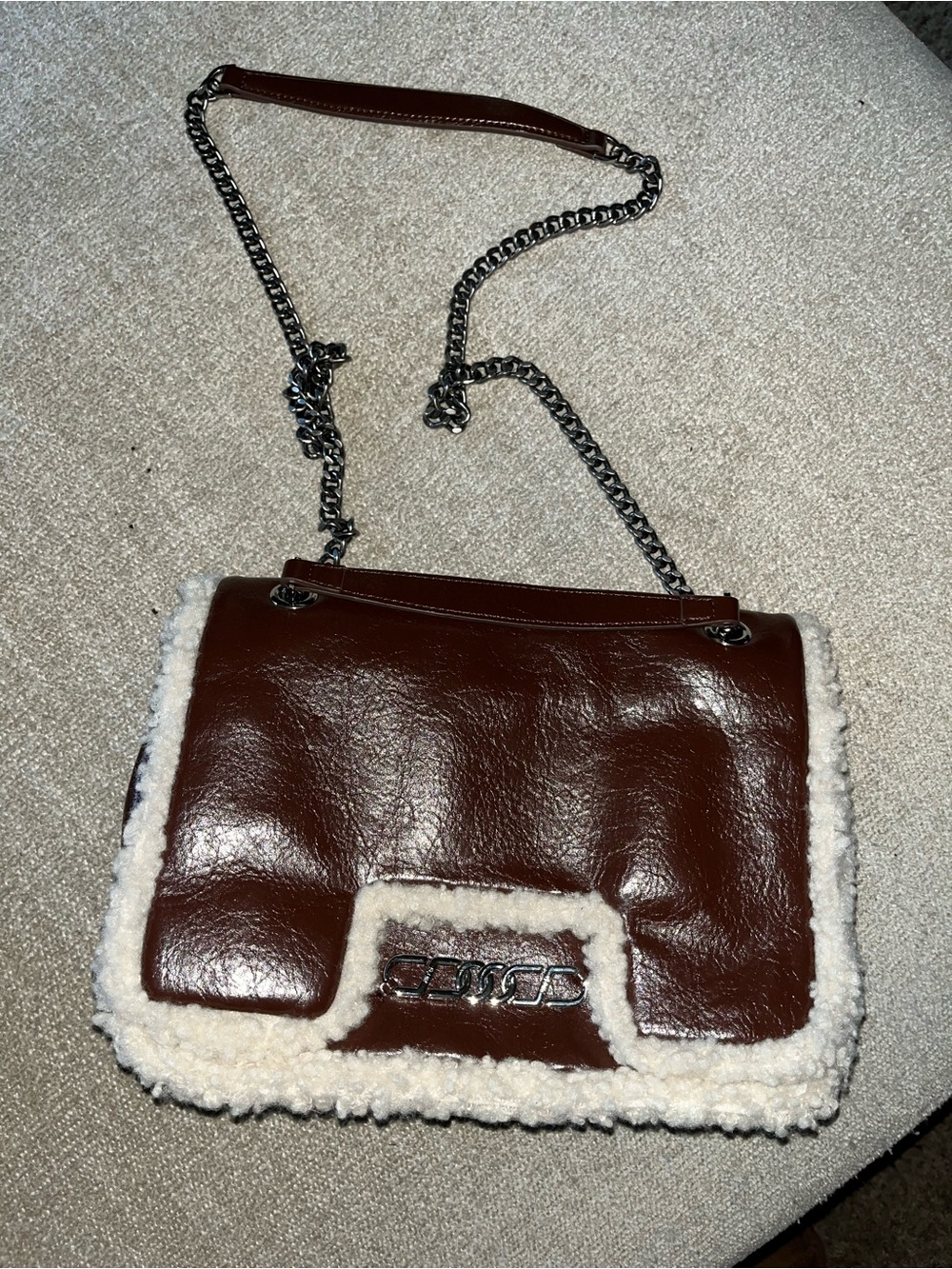 JW PEI Brown Faux Leather Shoulder Bag with Cream Shearling Trim